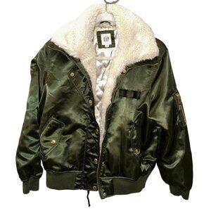 GAP Y2K olive green sheen Bomber Aviator fleece lined jacket M